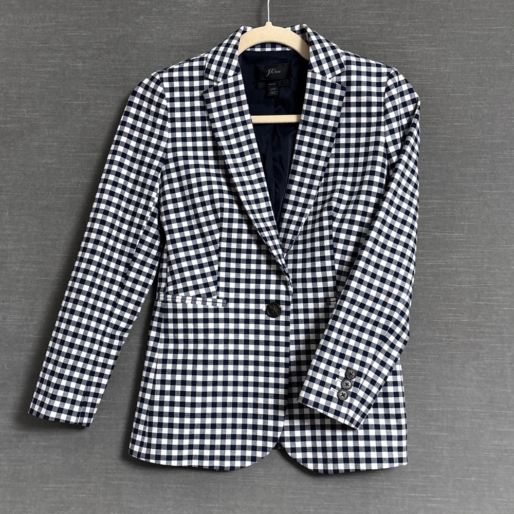 J Crew Blazer 00P Parke Navy Gingham Cotton Preppy Nautical Career Fall Layer